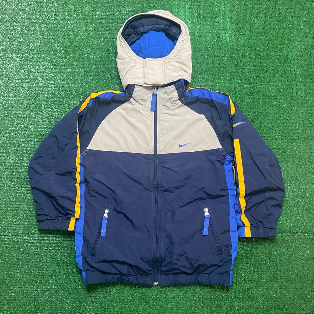 Nike Navy, Royal Blue & Gray Hooded Colorblock Jacket with Yellow Trim